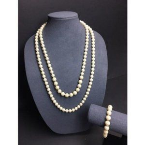 VTG Pop Bead Necklaces Bracelet Frosty Opaque Creamy White Adjustable Retro